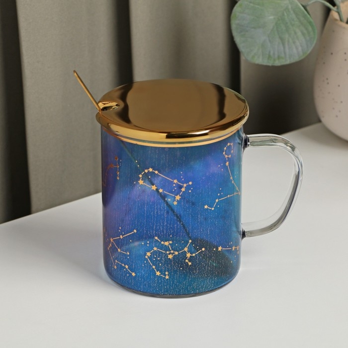 Кружка стеклянная с керамической крышкой и ложкой &laquo;Созвездие&raquo;, 370 мл, цвет МИКС