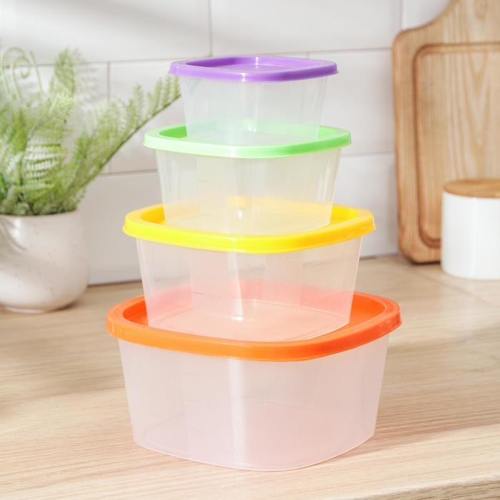 Набор пищевых контейнеров «BioFresh», 4 шт: 0,23 л, 0,5 л, 0,9 л, 1,55 л, прозрачные, крышки микс Набор пищевых контейнеров «BioFresh», 4 шт: 0,23 л, 0,5 л, 0,9 л, 1,55 л, прозрачные, крышки микс