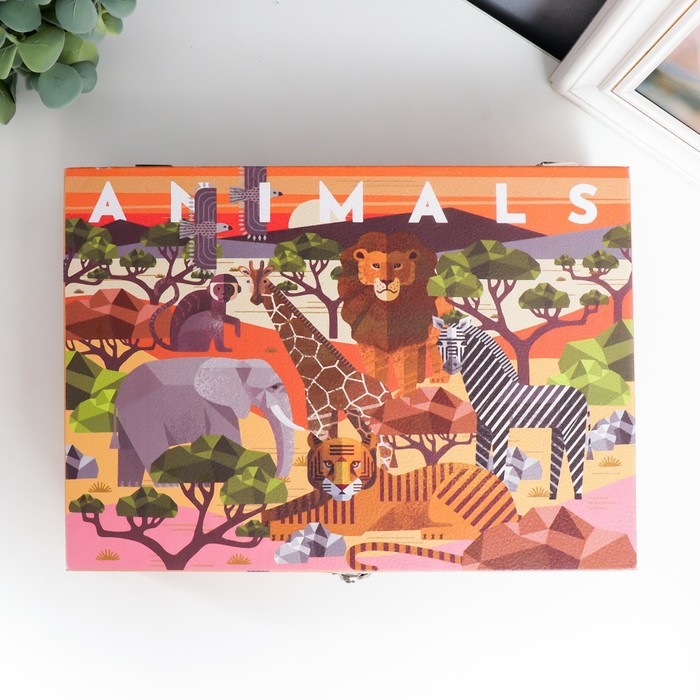 Шкатулка дерево "Звери Африки" кожзам и бархат 5,5х24х17 см