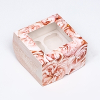 Коробка для 4 капкейков с окном , "Пионы", 16 х 16 х 10 см