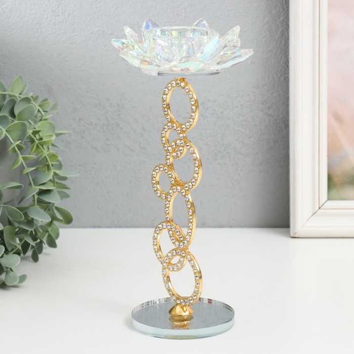 Подсвечник стекло на 1 свечу "Лотос на кольцах" золото d=4,2 см 11х11х23 см