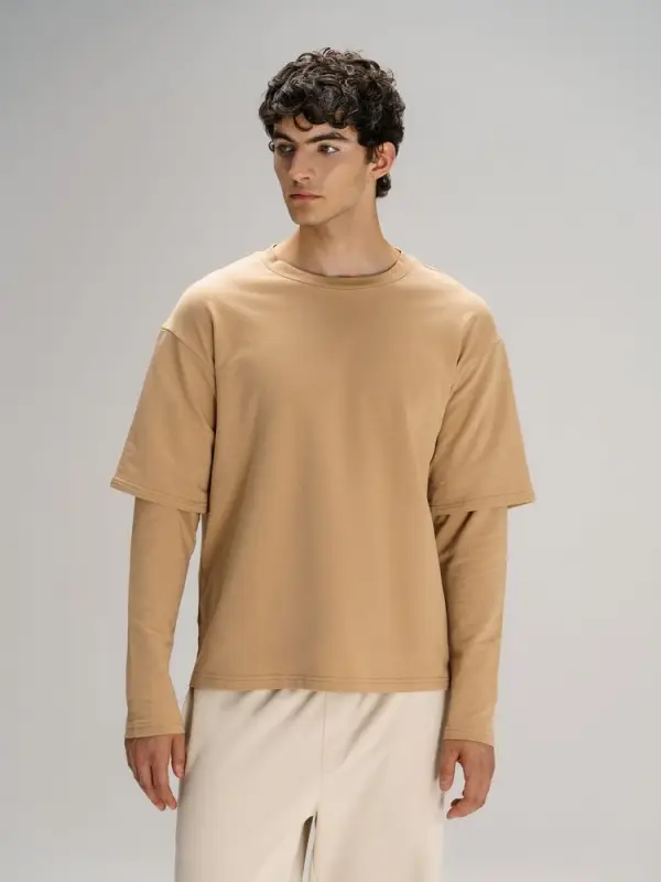 Футболка оверсайз с двойным рукавом Kosmos, бежевая, размер XS/S