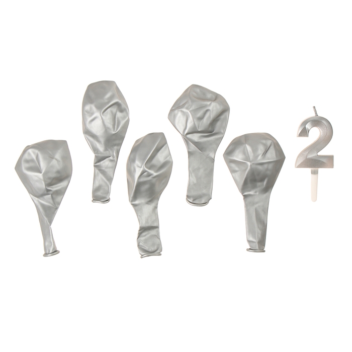 Свечи для торта + 5 шаров, цифра 2, серебро Свечи для торта + 5 шаров, цифра 2, серебро