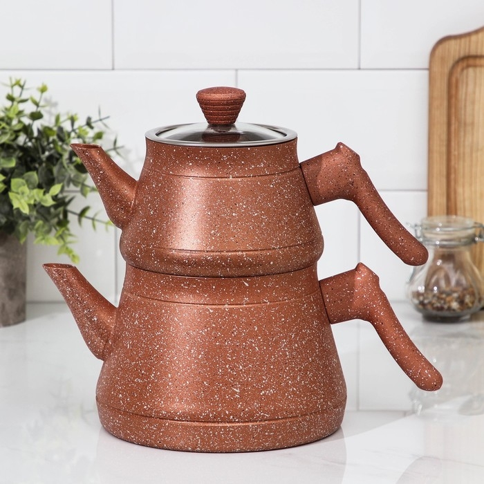 Чайник двойной &laquo;Турецкий&raquo;, 1 л, 2 л, антипригарное покрытие, цвет МИКС