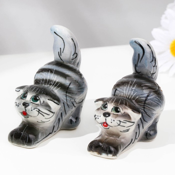 Сувенир  &laquo;Котик&raquo;, сидячий, полосатый темный, гжель