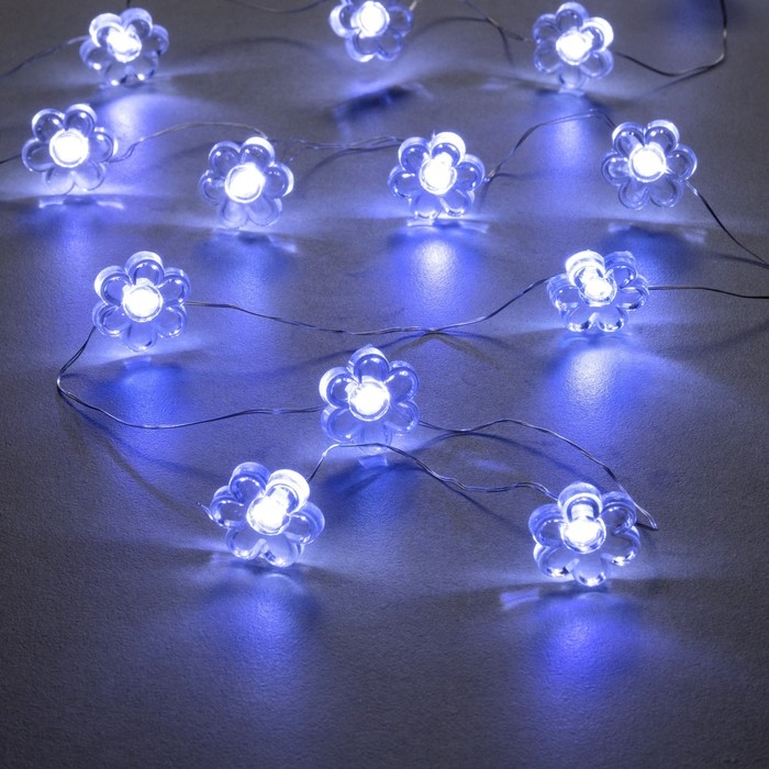Гирлянда &laquo;Нить&raquo; 2 м роса с насадками &laquo;Цветок&raquo;, IP20, серебристая нить, 20 LED, 2 режима, батарейки ААх2 (нет в комплекте), свечение белое