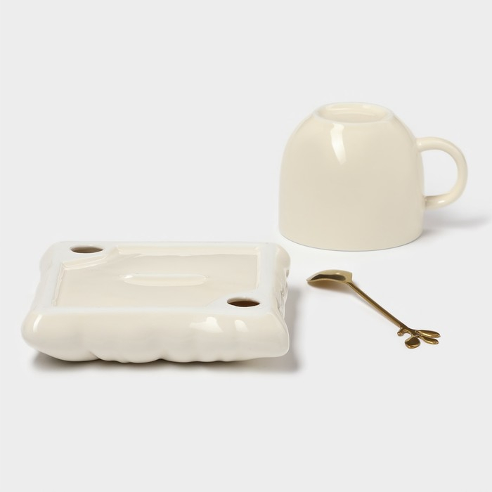 Чайная пара керамическая с ложкой «Зефирка», 2 предмета: чашка 250 мл, блюдце d=13 см, цвет бежевый Чайная пара керамическая с ложкой «Зефирка», 2 предмета: чашка 250 мл, блюдце d=13 см, цвет бежевый