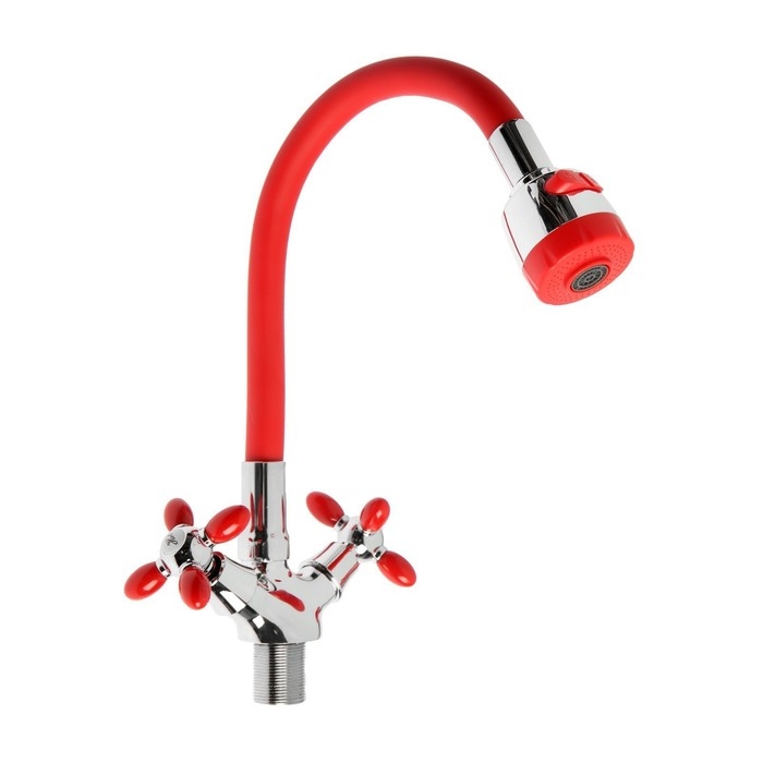 Смеситель для кухни ZEIN ZC2026, гибкий силикон излив, кран-букса латунь 1/2 Смеситель для кухни ZEIN ZC2026, гибкий силикон излив, кран-букса латунь 1/2", красный/хром