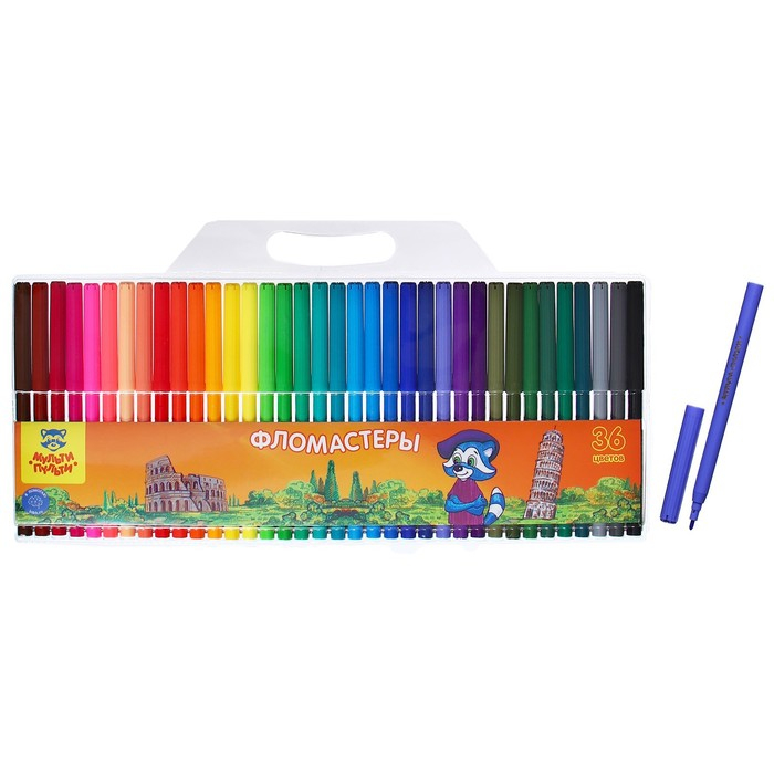 Фломастеры 36 цветов Мульти-Пульти Фломастеры 36 цветов Мульти-Пульти "Енот в Италии", смываемые, вентилируемый колпачок, в блистере