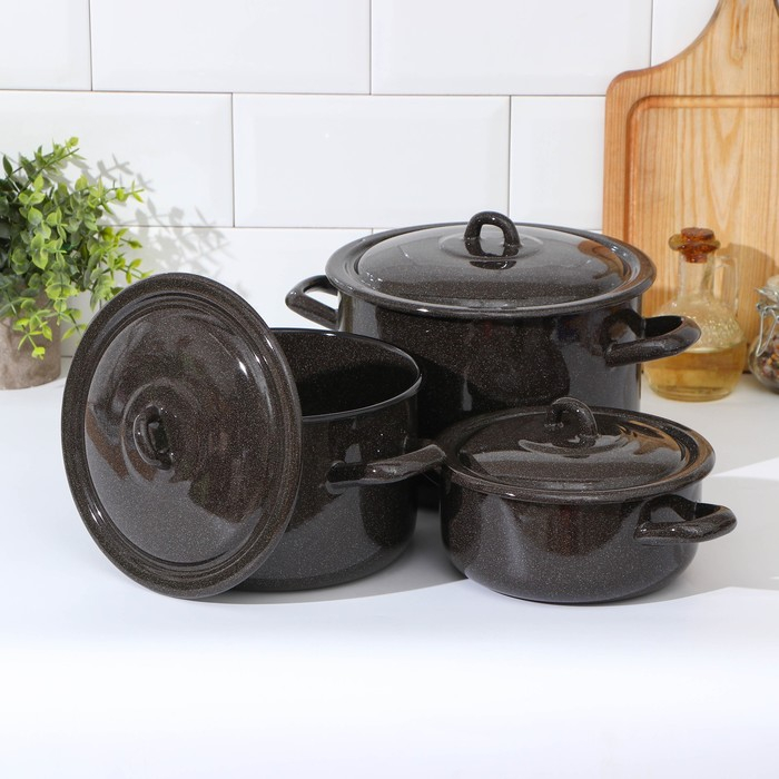 Набор эмалированных кастрюль &laquo;Гранит&raquo;, 3 предмета: 1,5 л, 3 л, 4,5 л, цвет коричневый