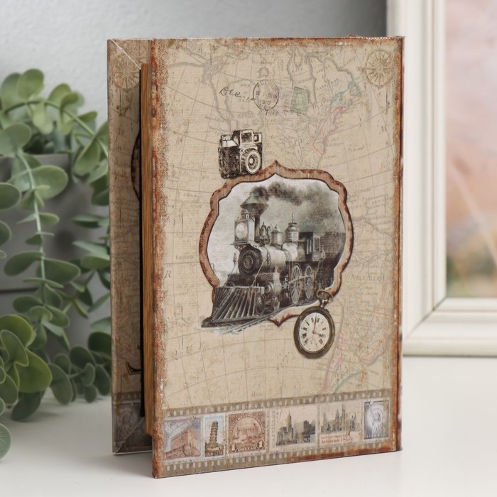 Шкатулка-книга дерево кожзам "Ретро поезд" 4х12х18 см