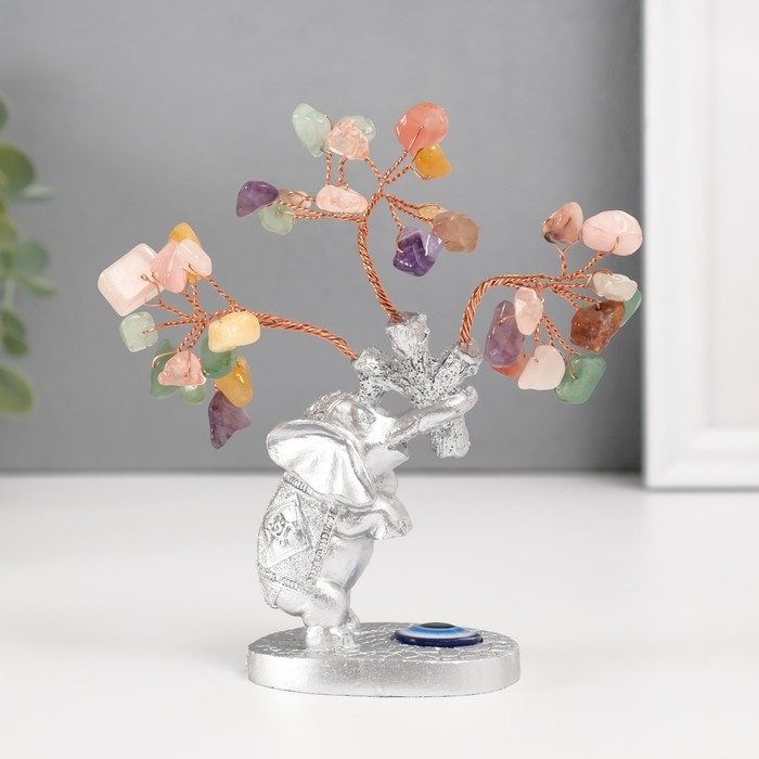 Сувенир бонсай Сувенир бонсай "Серебристый слон с денежным деревом" цветные 36 камней 6,2х4,5х13,5 см