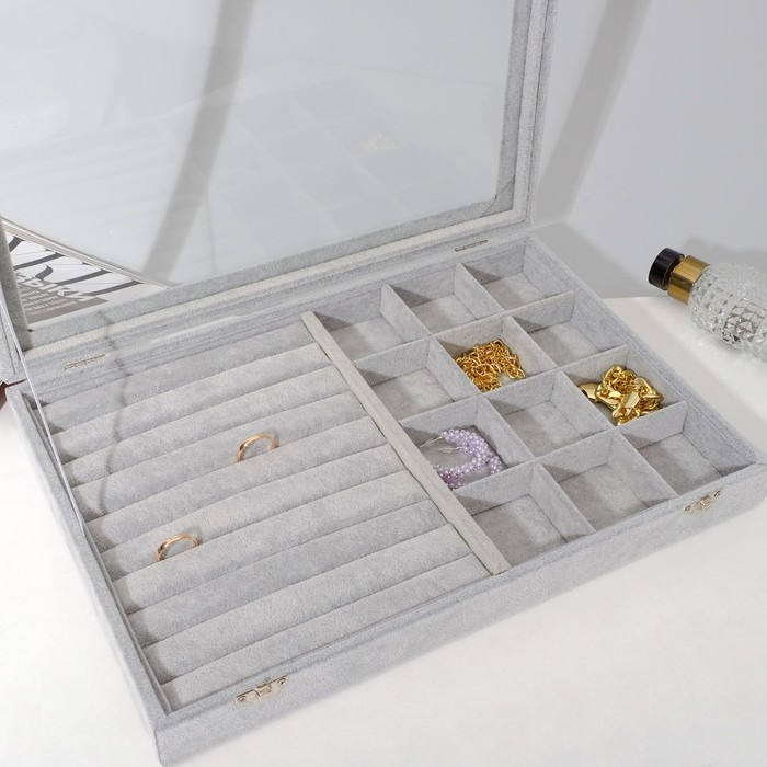 Подставка для украшений &laquo;Шкатулка&raquo; 9 полос, 12 ячеек, 35&times;24&times;4,5, стеклянная крышка, цвет серый