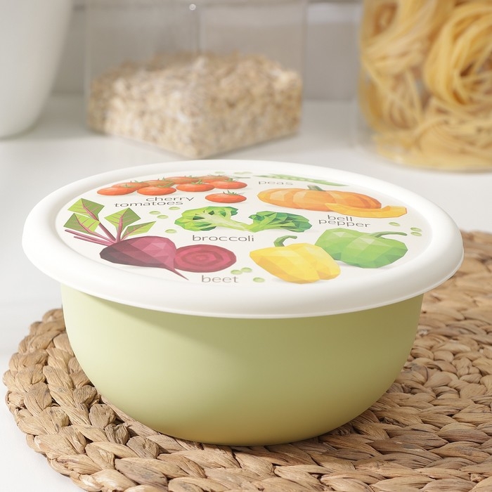 Миска с крышкой, 1,2 л, d=18 см, h=8 см, с декором, цвет салатовый Миска с крышкой, 1,2 л, d=18 см, h=8 см, с декором, цвет салатовый