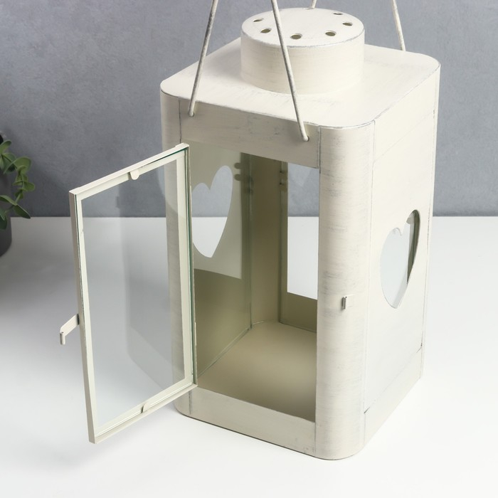 Подсвечник металл на 1 свечу Подсвечник металл на 1 свечу "Фонарь с сердцем" состаренный белый 38х18,5х18,5 см