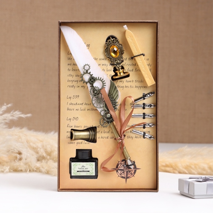 Набор подарочный 5в1 "Стимпанк": перьевая ручка белая, чернила, наконечники, печать, воск