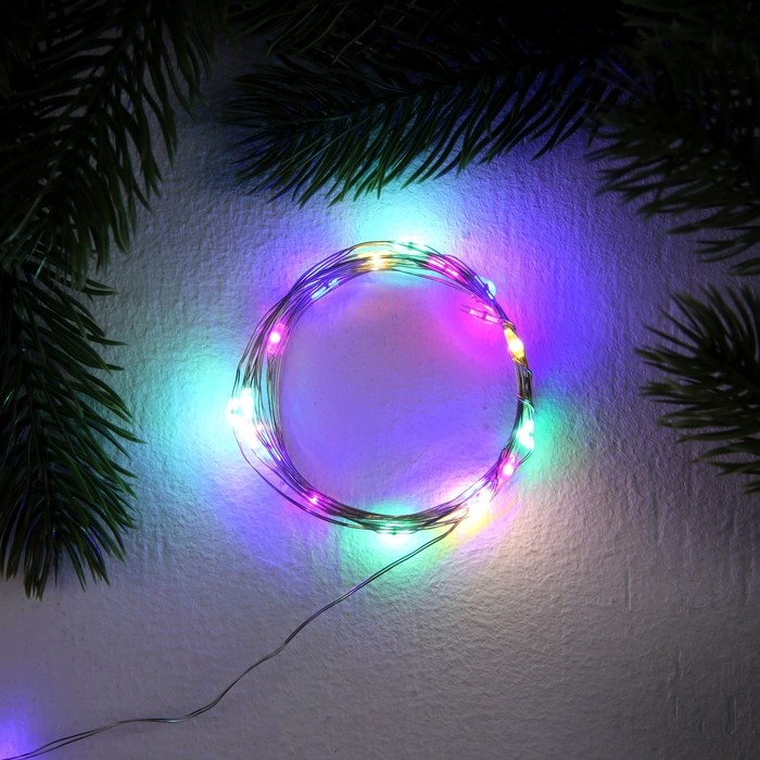 Гирлянда &laquo;Нить&raquo; 2 м роса, IP20, серебристая нить, 20 LED, 3 режима, батарейки AG13х3 (в комплекте), свечение мульти