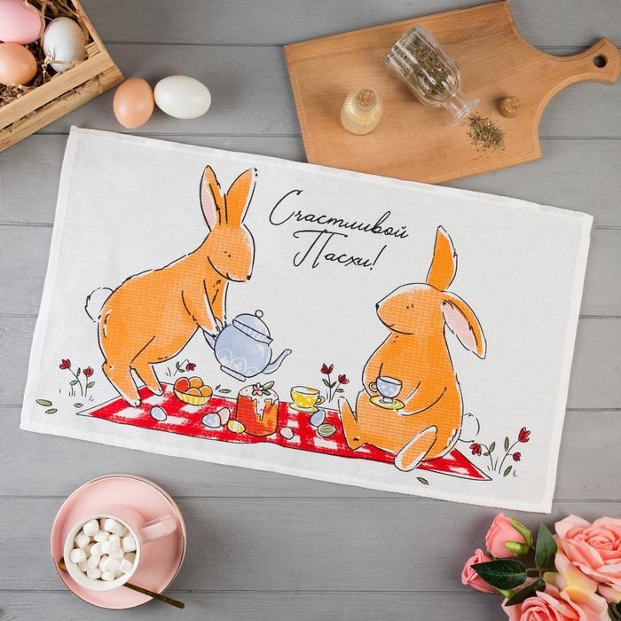 Полотенце Доляна &laquo;Пасхальные зайчики&raquo; 35х60 см,100% хл, вафля