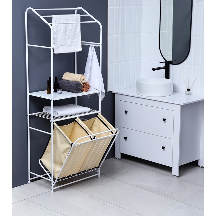Стеллаж с двойной корзиной для белья и перекладинами, 2-х ярусный, 60&times;35&times;160 см, цвет белый