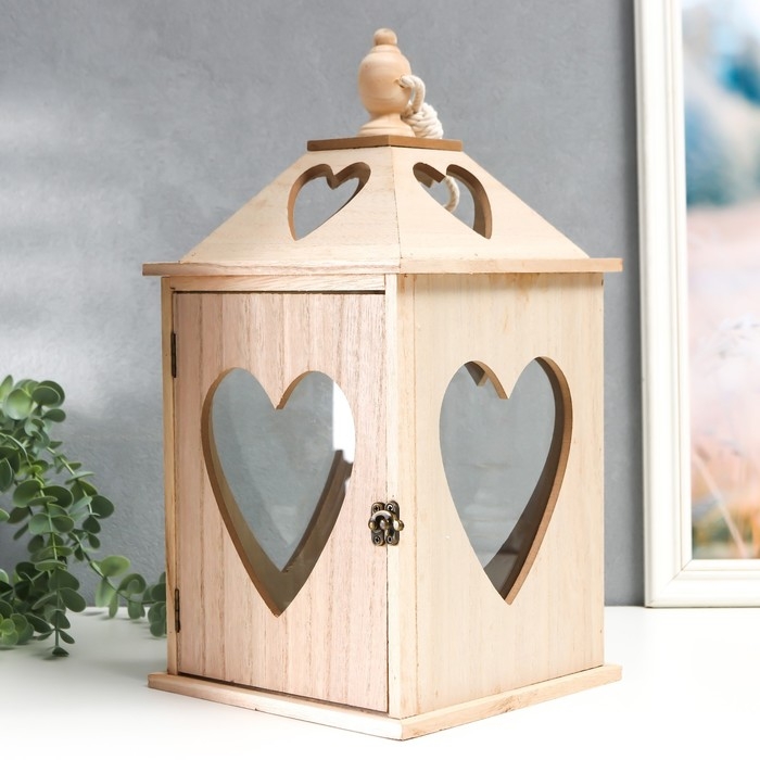 Подсвечник дерево Подсвечник дерево "Фонарь домик с сердцами" набор 2 шт 28х14,5х14,5; 38х19,5х19,5 см