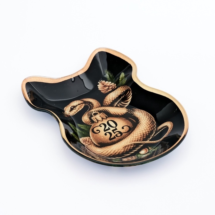 Тарелка в форме банта новогодняя Дорого внимание «Золотая змейка», 13,5 х 18 см, стекло Тарелка в форме банта новогодняя Дорого внимание «Золотая змейка», 13,5 х 18 см, стекло