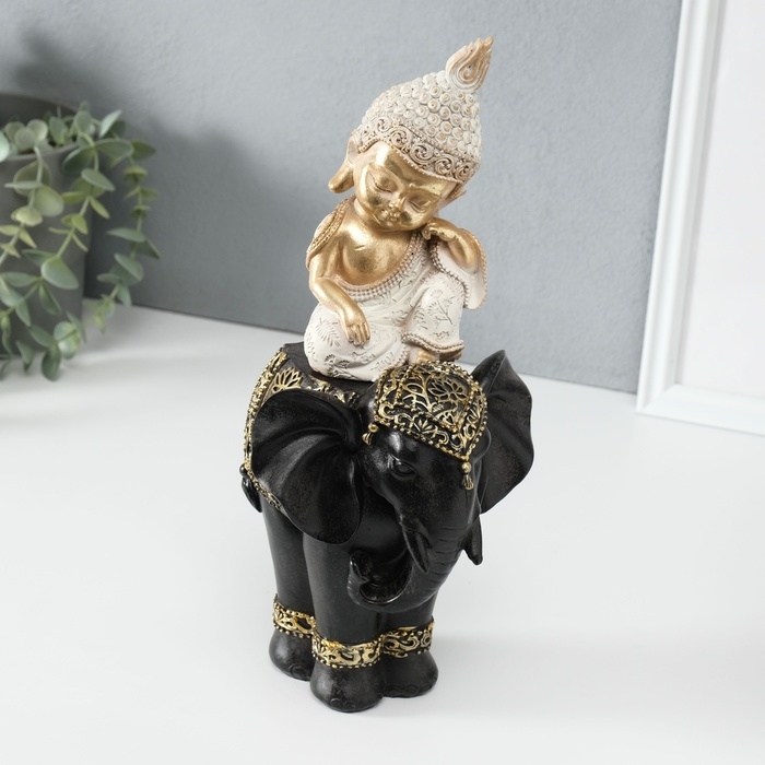 Сувенир полистоун "Маленький Будда на чёрном слоне" 14х14х30 см