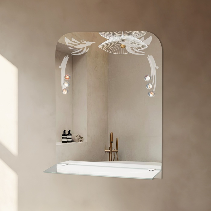 Зеркало &laquo;Райские птицы&raquo;, с пескоструйной графикой и фьюзингом, настенное, с полочкой, 35&times;45