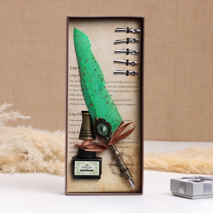 Набор подарочный 3в1 "Артефакт": перьевая ручка на подставке, чернила, наконечники, зеленый