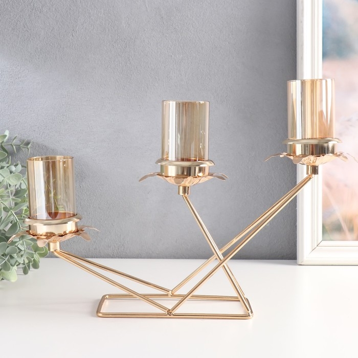 Подсвечник металл, стекло на 3 свечи "Ветви с листиками. Геометрия" d-5 см золото 35х8х26 см   94487