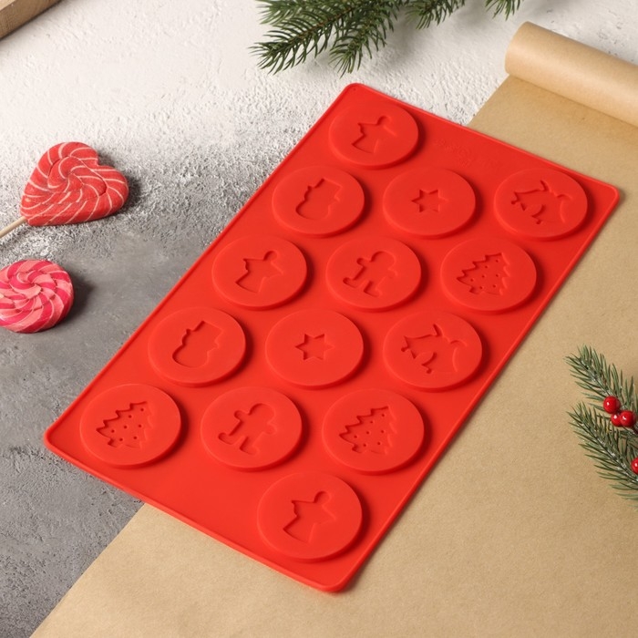 Форма для конфет и шоколада новогодняя Доляна &laquo;Новогодние кружочки&raquo;, силикон, 29,8&times;17,5 см, 14 ячеек (d=5 см), цвет красный