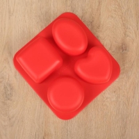Форма силиконовая для выпечки &laquo;Фигуры и сердце&raquo;, 16&times;17 см, 4 ячейки (7&times;7 см), цвет МИКС