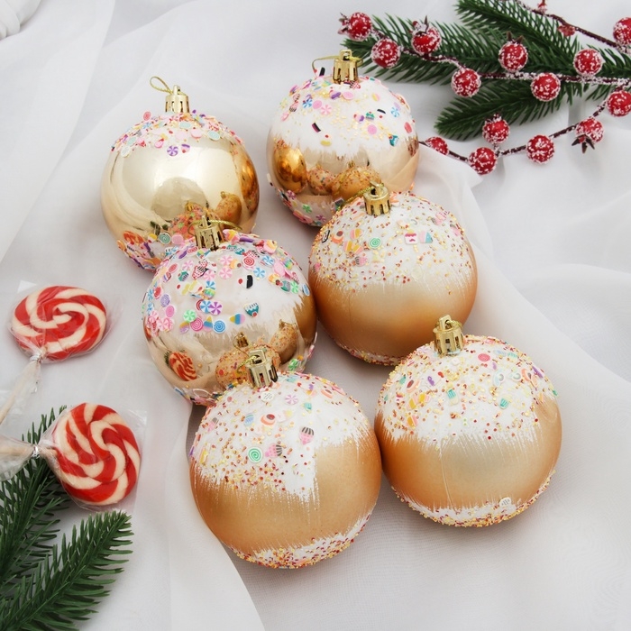 Ёлочные игрушки, шары новогодние , пластик, набор d-8 см, 6 шт Ёлочные игрушки, шары новогодние , пластик, набор d-8 см, 6 шт "Новогодний восторг" золото
