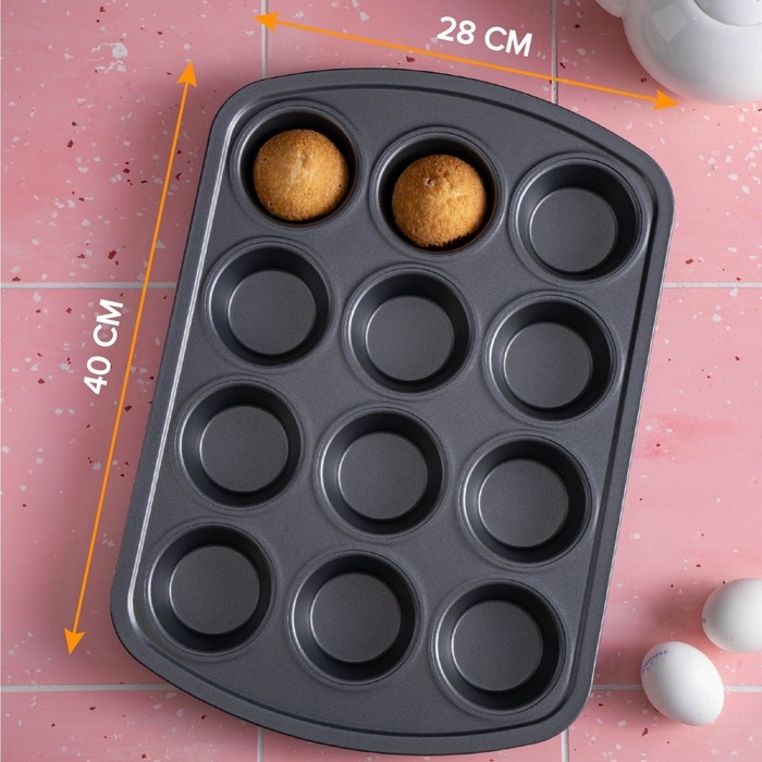 Форма для выпечки Доляна «Круг», 40×28×4 см, 12 ячеек, антипригарное покрытие, цвет чёрный Форма для выпечки Доляна «Круг», 40×28×4 см, 12 ячеек, антипригарное покрытие, цвет чёрный