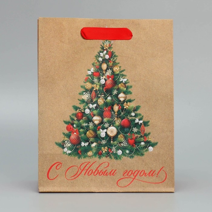 Пакет подарочный новогодний крафтовый вертикальный &laquo;Ёлочка&raquo;, MS 18 х 23 х 10 см, Новый год