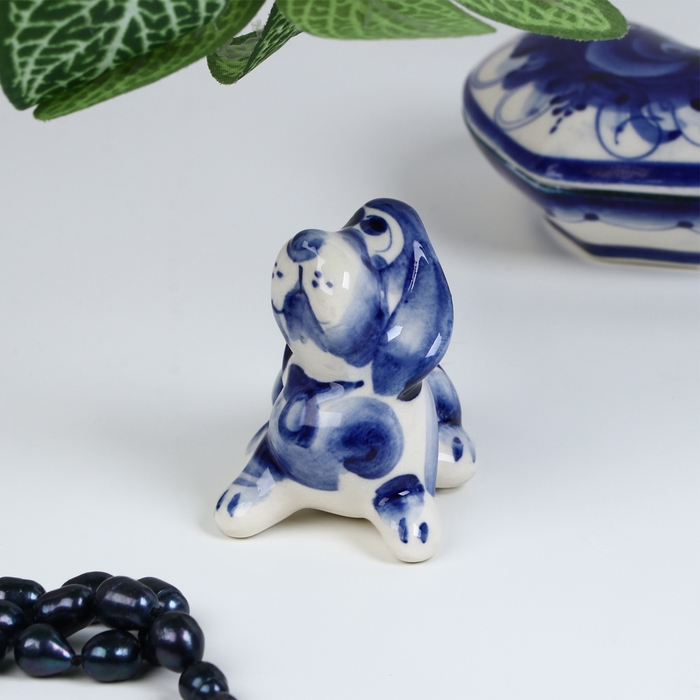 Сувенир гжель «Бассет», бело-синий,керамика, Сувенир гжель «Бассет», бело-синий,керамика,