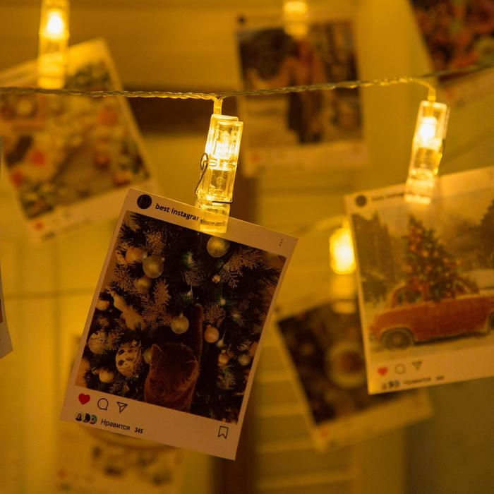 Гирлянда &laquo;Нить&raquo; 5 м с насадками &laquo;Прищепки&raquo;, IP20, прозрачная нить, 30 LED, свечение тёплое белое, 8 режимов, 220 В