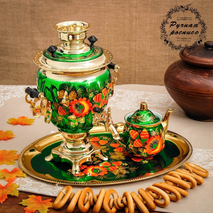 Набор &laquo;Маки на зелёном&raquo;, жёлудь, 3 предмета, самовар 3 л, заварочный чайник 0,7 л, поднос