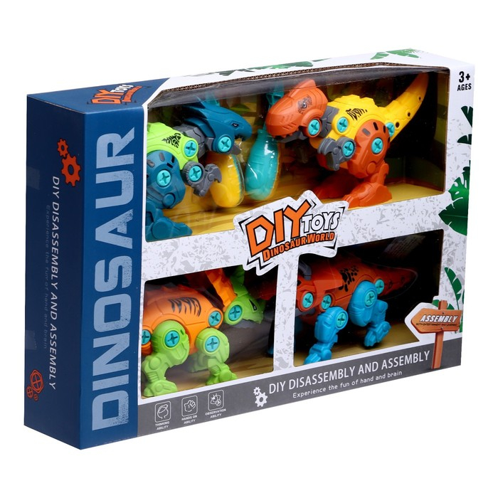 Конструктор винтовой &laquo;Мир динозавров&raquo;, набор 4 штуки, 2 отвёртки 4 карточки, 100 деталей