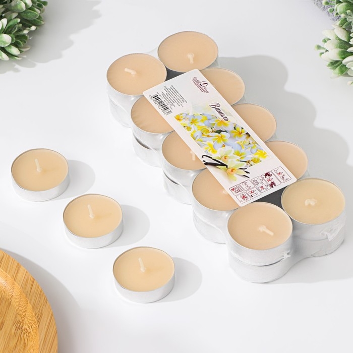 Набор чайных свечей ароматических в термоусадке Набор чайных свечей ароматических в термоусадке "Ваниль", 3,8х1,6 см, 3,5 ч, 12 г, 20 штук