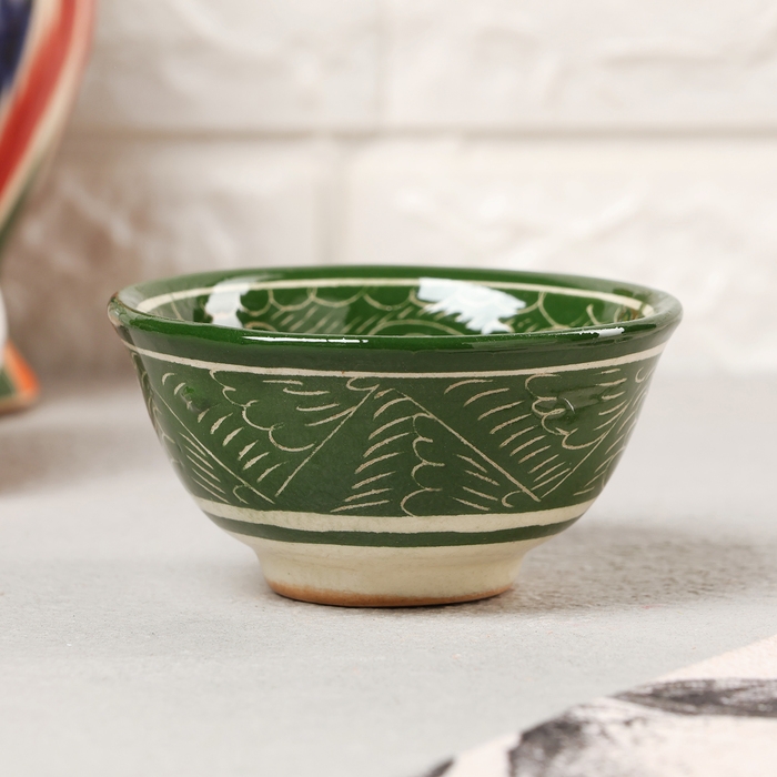 Пиала Риштанская керамика, зеленая, 8,5 см, малая коньячная,