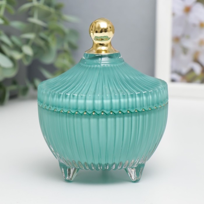 Шкатулка стекло Шкатулка стекло "Гофре и купол" на ножках лазурный с золотом 11,5х9,5х9,5 см