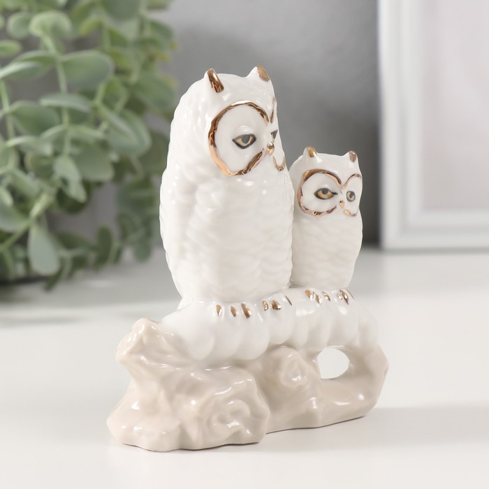 Сувенир керамика "Два белых филина на заснеженной ветке" с золотом, стразы 5х10,5х11 см