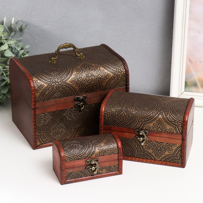 Шкатулка дерево сундук Шкатулка дерево сундук "Золотой орнамент" н-р 3 шт 7,5х12х6,5 11,5х17х10,5 16,5х22,5х15,5 см