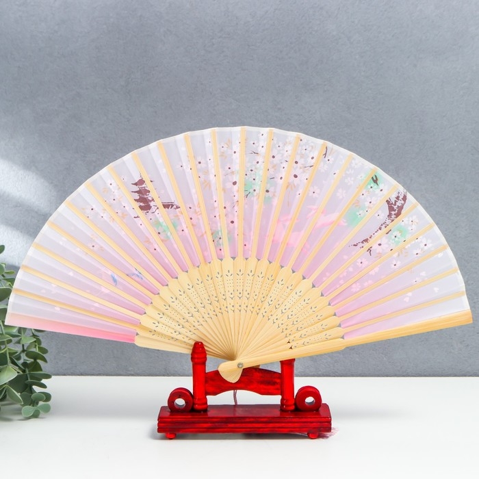 Веер дерево, текстиль h=21 см Веер дерево, текстиль h=21 см "Зайчики у сакуры" розовый, с кисточкой