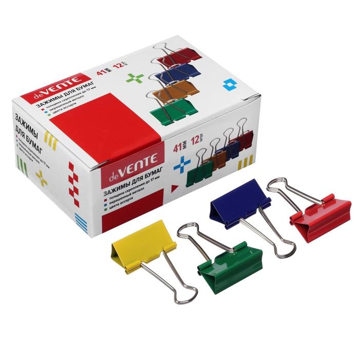 Зажимы для бумаг 41 мм, 12 штук, deVENTE, металлические, МИКС х 4 цвета, картонная коробка Зажимы для бумаг 41 мм, 12 штук, deVENTE, металлические, МИКС х 4 цвета, картонная коробка
