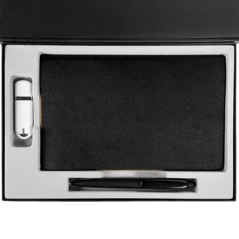 Коробка Silk с ложементом под ежедневник 13x21 см, флешку и ручку, ver. 2, черная Коробка Silk с ложементом под ежедневник 13x21 см, флешку и ручку, ver. 2, черная