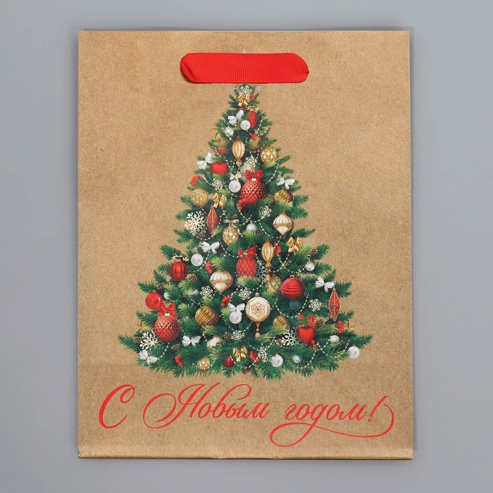 Пакет подарочный новогодний крафтовый вертикальный &laquo;Ёлочка&raquo;, MS 18 х 23 х 10 см, Новый год