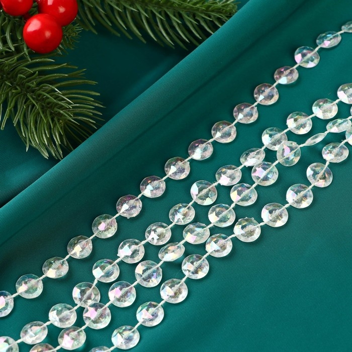 Бусы на ёлку 2,7 м d-10 мм "Льдинка" гранёные диски, прозрачный перламутр