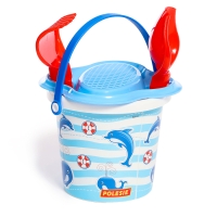 Песочный набор: ведро с наклейкой, ситечко-цветок, совок, грабельки, 2 формочки, лейка