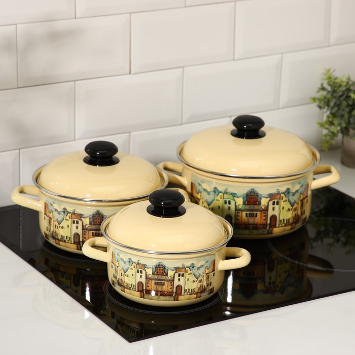 Набор эмалированных кастрюль «Старый город», 3 предмета: 1,5 л, 2 л, 3 л, индукция Набор эмалированных кастрюль «Старый город», 3 предмета: 1,5 л, 2 л, 3 л, индукция